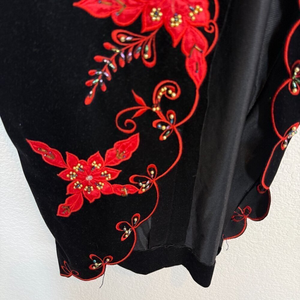 Vintage Cheongsam Qipao Dress Gown Black Velvet Red Long Maxi Hand Sewn Lace XS - Picture 10 of 12